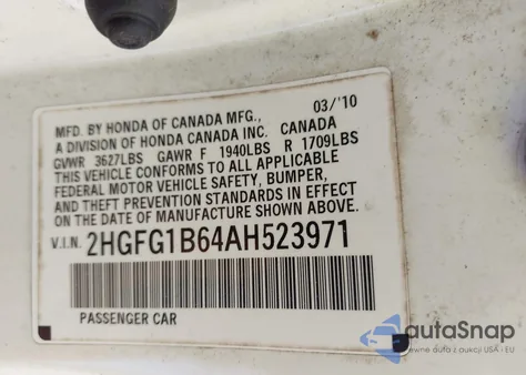 2010 Honda Civic Lx из США, поврежденный, VIN 2HGFG1B64AH523971